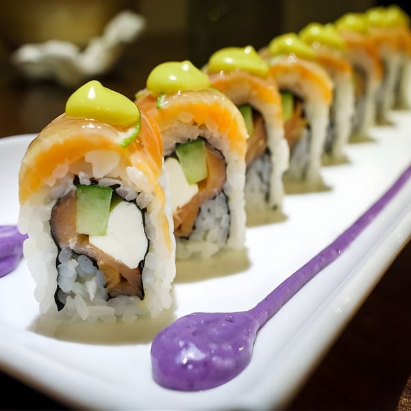 A row of salmon sushi rolls with green topping and purple sauce on a white plate.